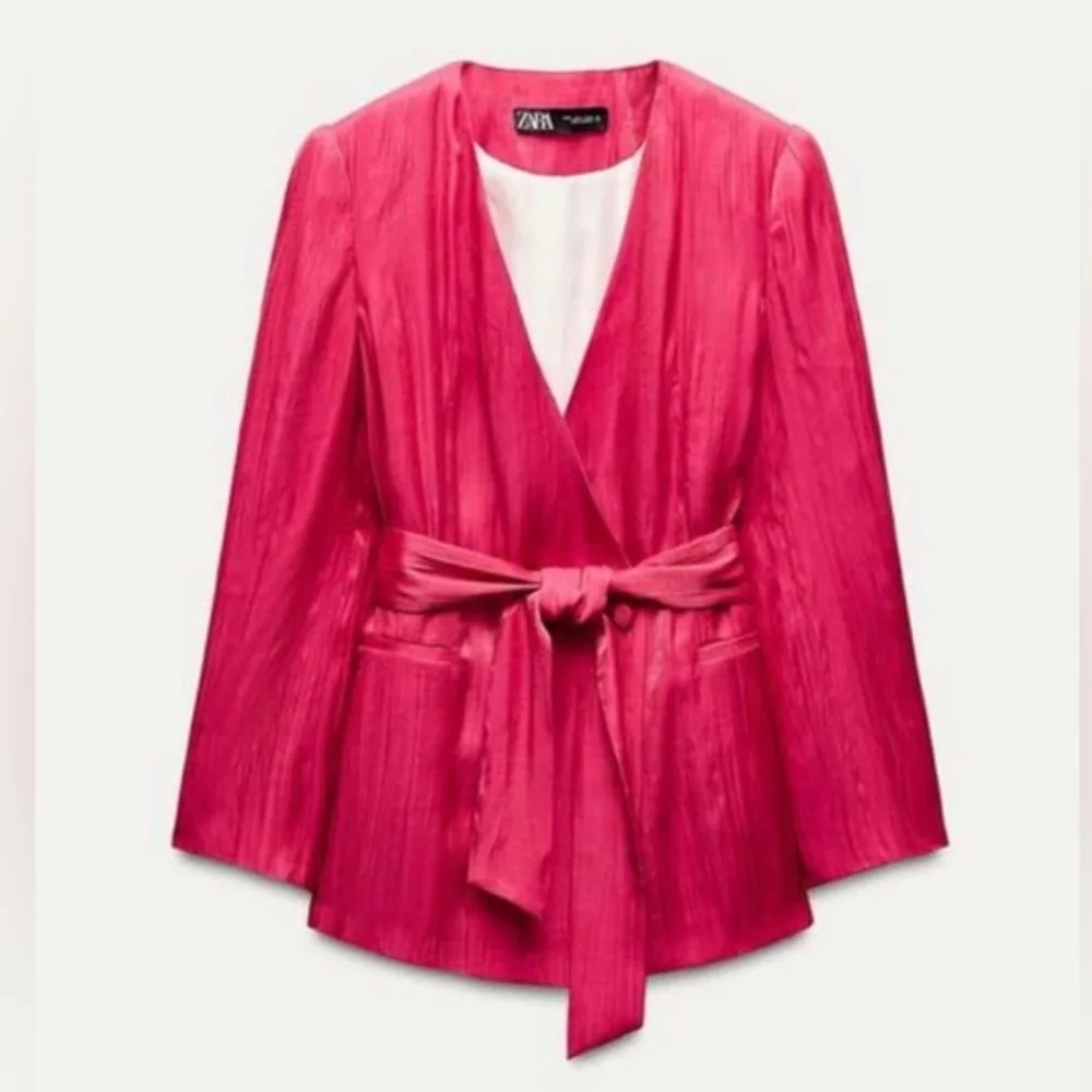 Zara Set 2 pc Wide Leg Satin Pants and Belted Blazer Pink  Size  S and M
